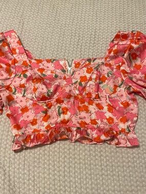 SHEIN Pink & Orange Floral Puff Sleeve Crop Top